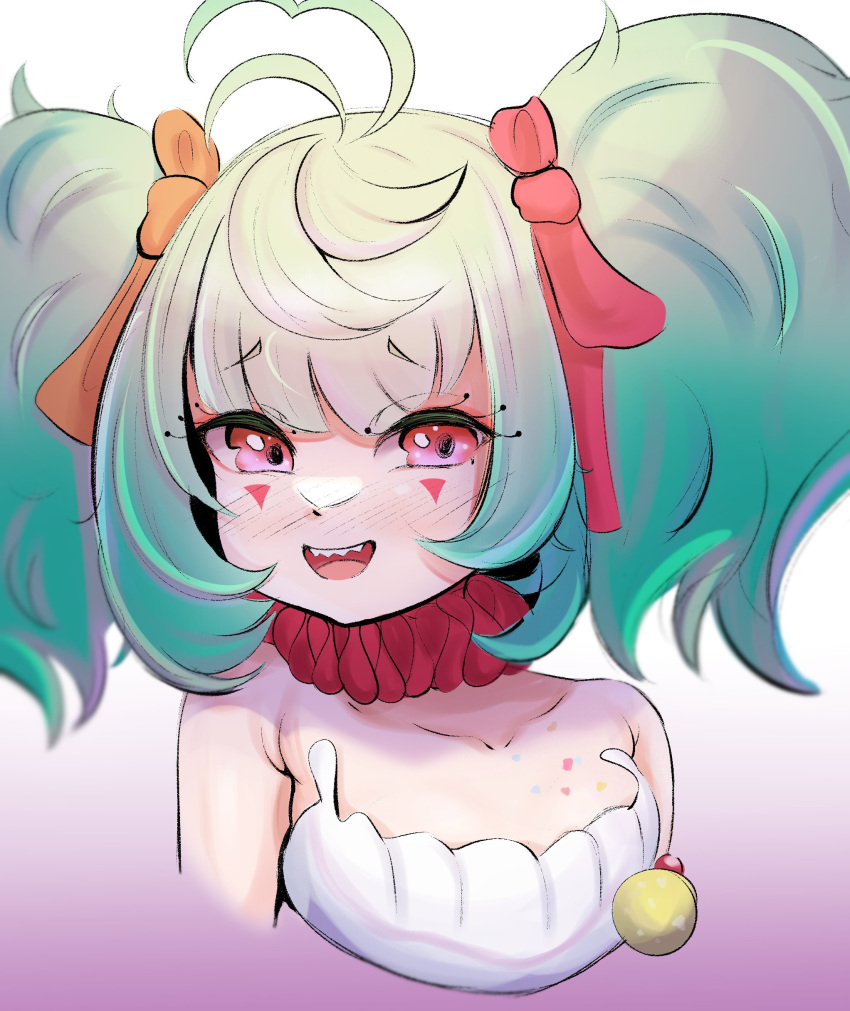 1girl absurdres ahoge armpit_crease bare_shoulders blunt_bangs blush boosauce03 choker collarbone coni_confetti eyelashes facial_mark frilled_choker frills green_hair highres looking_at_viewer neck_ruff open_mouth red_choker red_eyes red_ribbon ribbon sharp_teeth short_twintails sidelocks simple_background smile solo teeth twintails upper_teeth_only