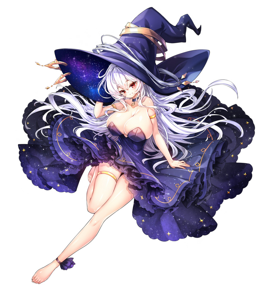 1girl bare_shoulders barefoot blush breasts cleavage commission dress full_body grin hair_between_eyes hand_up hat head_tilt highres large_breasts large_hat original poseich purple_dress purple_hat red_eyes simple_background skindentation smile solo strapless strapless_dress thigh_strap white_background white_hair witch_hat