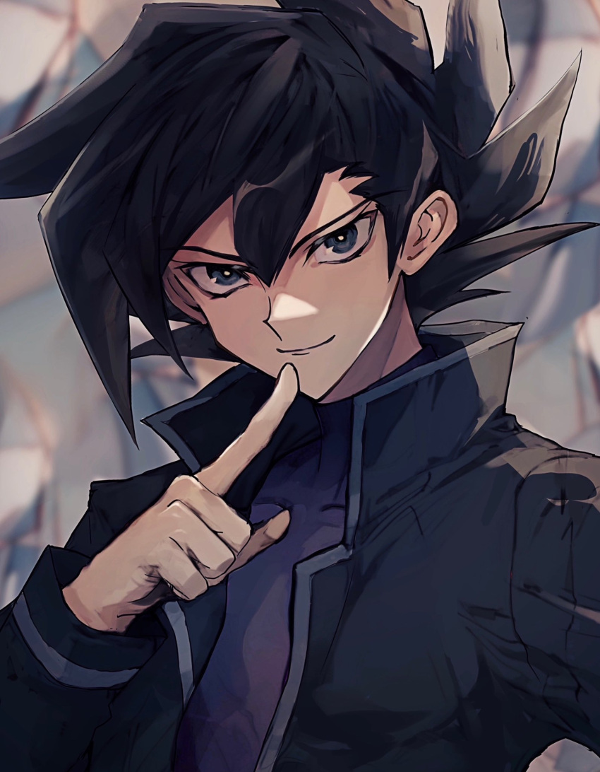 1boy black_coat black_eyes black_hair black_shirt close-up coat covered_collarbone hair_between_eyes highres katasode_cd manjoume_jun medium_hair shirt solo spiked_hair yu-gi-oh! yu-gi-oh!_gx