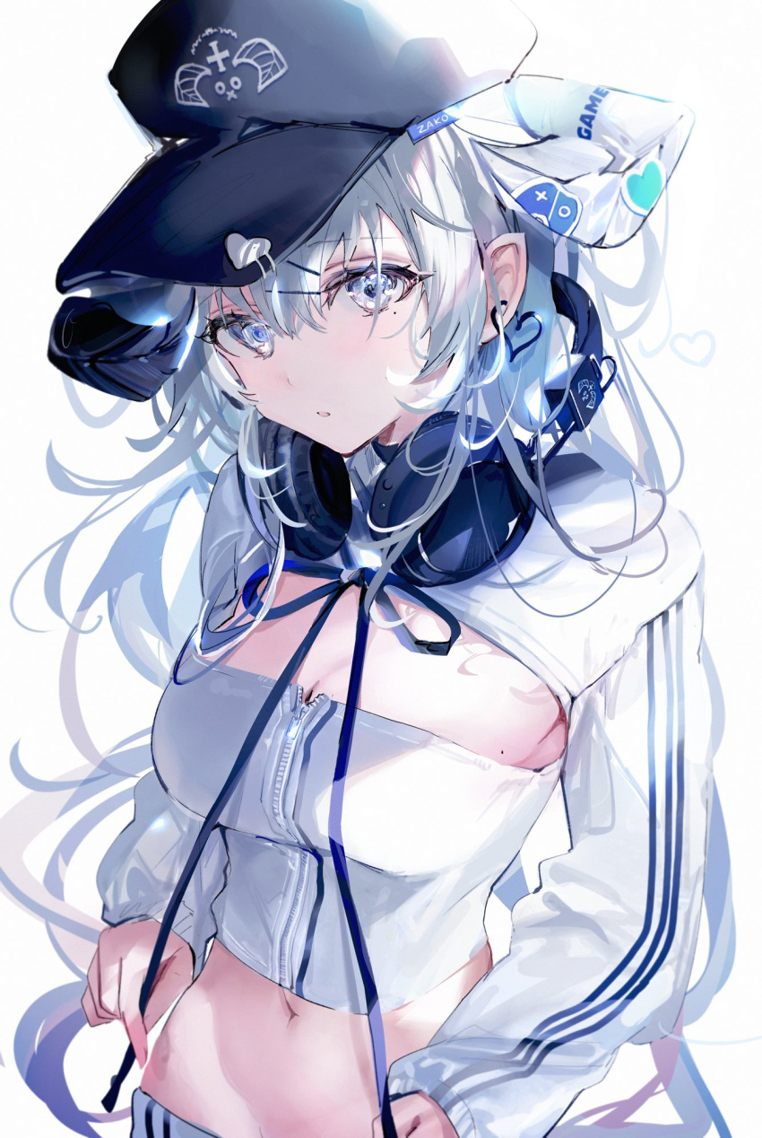 :o black_hat blue_headphones blue_string blue_stripes blush breasts bustier cleavage commentary_request earrings grey_eyes grey_hair hair_between_eyes hair_ornament hairclip hat_ornament headphones headphones_around_neck heart heart_earrings heart_hat_ornament highres holding holding_string jewelry long_hair long_sleeves medium_breasts mole mole_on_breast mole_under_eye navel original pointy_ears shia_job shrug_(clothing) sidelocks simple_background string string_tie thick_eyelashes very_long_hair white_background white_bustier white_shrug zipper_pull_tab