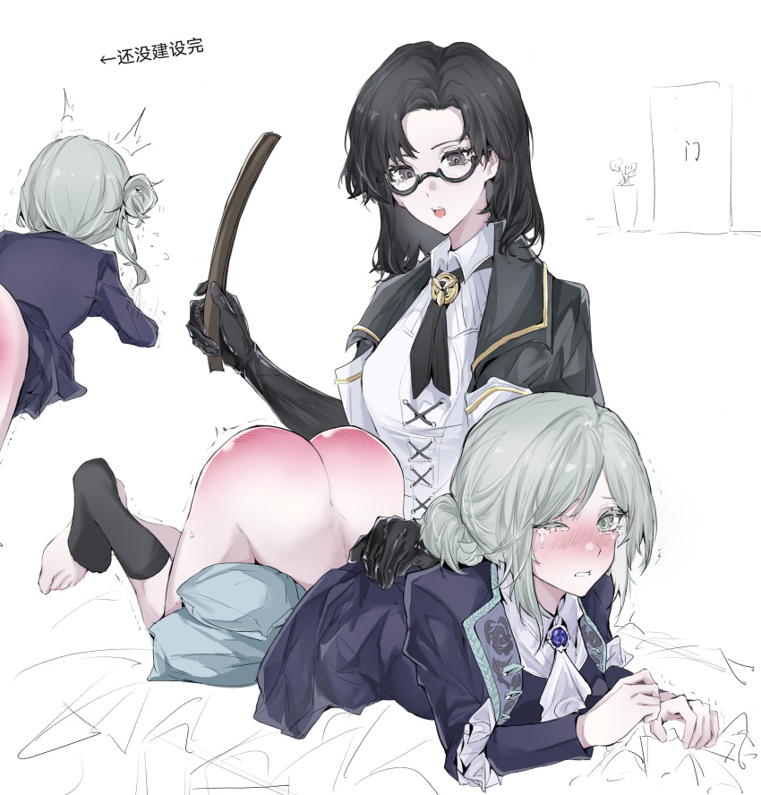 absurdres black_eyes black_hair black_jacket black_scarf blush femdom glasses gloves grey_eyes highres jacket quiver reverse:1999 ruler scarf socks spanked spanking suit tan_kuten tears vertin_(reverse:1999) white_hair yuri