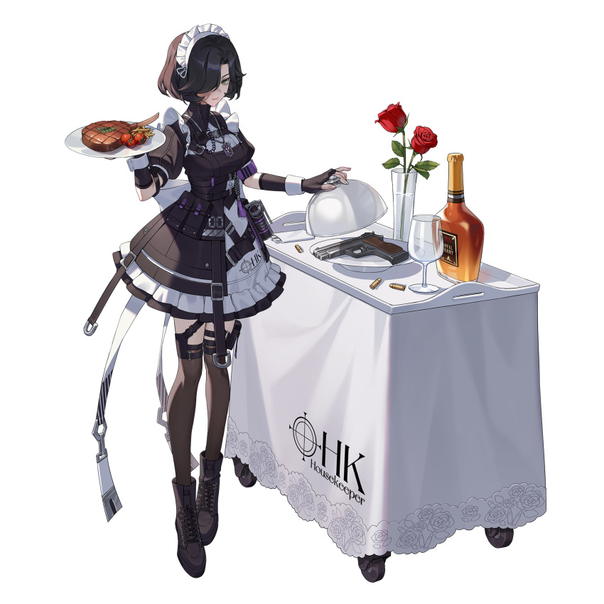 1girl alcohol armband belt black_belt black_dress black_footwear black_gloves black_hair black_shirt black_skirt black_survival boots bottle breasts bullet cherry_tomato closed_mouth cup dress drinking_glass eternal_return:_black_survival explosive fingerless_gloves flower flower_pot food french_fries full_body gloves green_eyes grenade gun hair_over_one_eye hairband hand_up highres holding holding_food jewelry large_breasts looking_at_viewer maid maid_headdress multiple_belts name_tag necklace official_alternate_costume official_art plate puffy_short_sleeves puffy_sleeves red_flower red_rose ribbon rose rozzi_(black_survival) shirt short_hair short_sleeves simple_background skirt solo standing steak table thigh_strap thighhighs tomato transparent_background weapon white_background white_ribbon white_skirt wine wine_bottle wine_glass wrist_cuffs