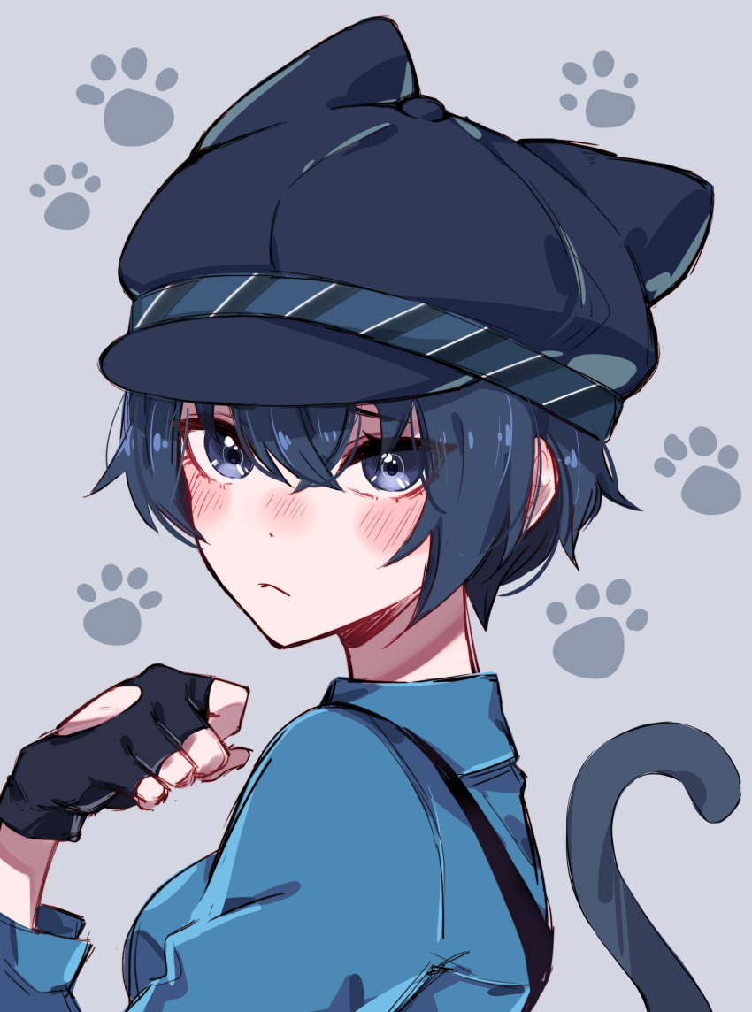 1girl absurdres animal_ears animal_hands blue_eyes blue_hair cabbie_hat cat_ears cat_paws cat_tail detective emi_star gloves grey_background hat highres persona persona_4 reverse_trap shirogane_naoto short_hair solo tail tomboy upper_body