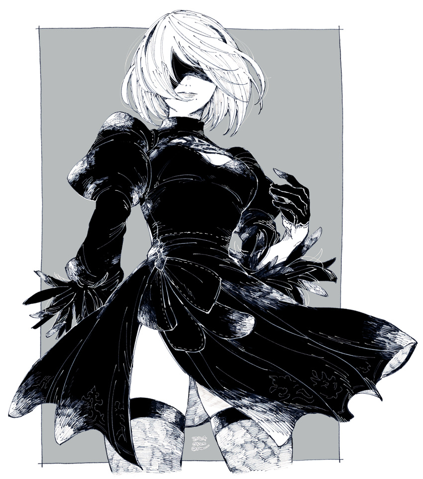1girl 2b_(nier:automata) blindfold border breasts cleavage cleavage_cutout clothing_cutout collared_dress covered_eyes cowboy_shot cropped_legs dress expressionless facing_viewer gloves grey_background greyscale hairband half_gloves hand_up hatching_(texture) highres itowff14 juliet_sleeves long_sleeves mole mole_under_mouth monochrome nier:automata nier_(series) outside_border puffy_sleeves short_hair signature simple_background solo standing thighhighs white_border
