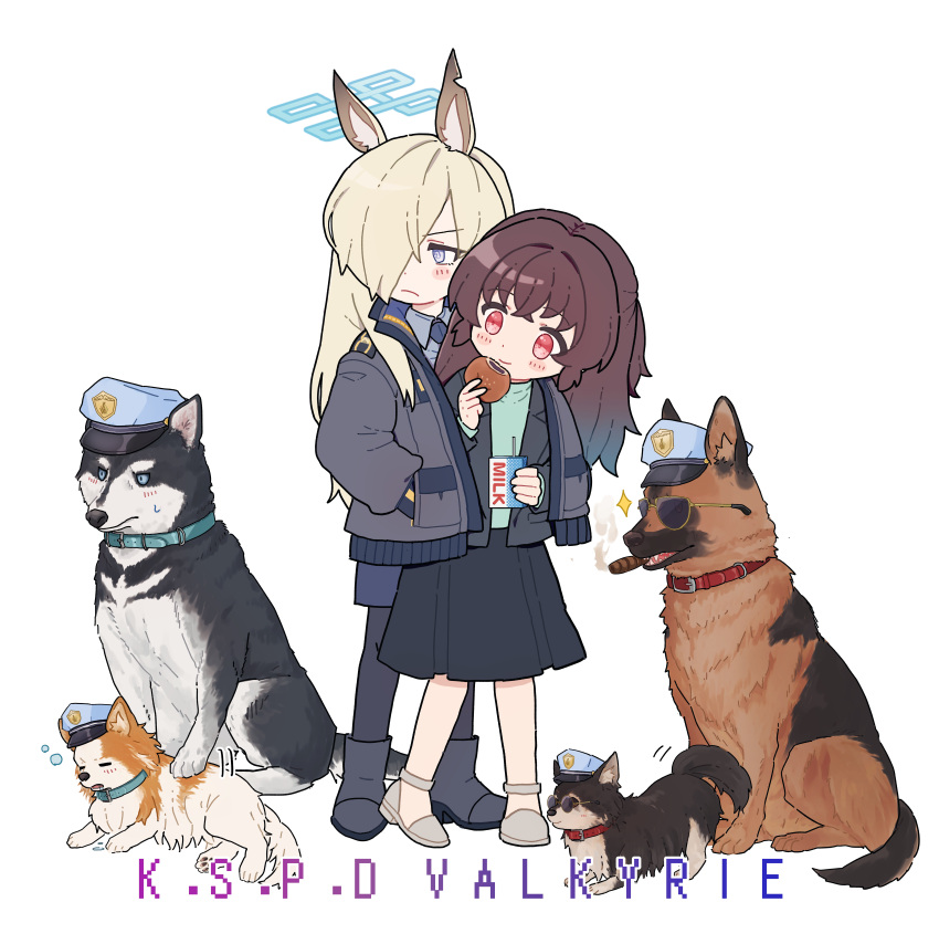 2girls absurdres animal_ear_fluff animal_ears aviator_sunglasses black_pantyhose black_skirt blonde_hair blue_archive blue_skirt blush brown_hair cigar collared_shirt dog dog_ears eating english_text female_sensei_(blue_archive) halo hand_in_pocket hat highres juice_box kanna_(blue_archive) long_hair multiple_girls necktie notched_ear pantyhose police_hat red_eyes sensei_(blue_archive) senta_(ysk_0218) shirt skirt smile sparkling_aura squeans sunglasses sweatdrop white_background