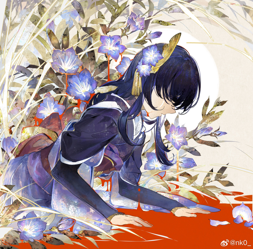 1girl absurdres arm_support blood blood_from_eyes blood_splatter bud crying flower from_side genshin_impact hair_flower hair_ornament hair_over_eyes highres japanese_clothes kimono layered_sleeves leaf long_hair long_sleeves lying nnikko obi on_stomach parted_lips petals plant profile purple_flower purple_hair purple_kimono raiden_shogun sash solo tassel tassel_hair_ornament tasuki turtleneck upper_body weibo_logo weibo_username