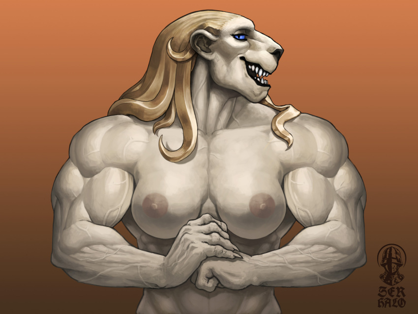 anthro areola biceps blue_eyes breasts claws felid female fingers guennol_lioness hair hi_res lion mammal muscular muscular_anthro muscular_female nipples open_mouth pantherine ser_halo sharp_teeth solo teeth vein veiny_muscles