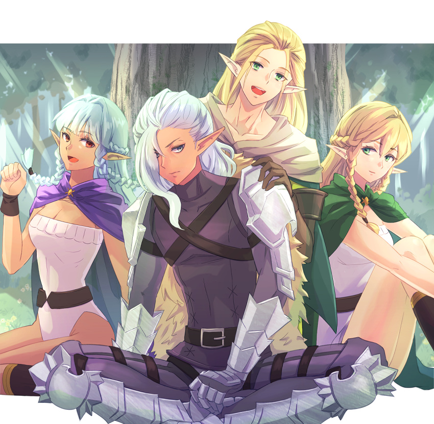 2boys 2girls aqua_hair armor belt belt_buckle black_belt blonde_hair breasts buckle cape closed_mouth commentary_request dark-skinned_female dark-skinned_male dark_elf dark_skin elf eltolinde gauntlets green_cape green_eyes hair_between_eyes hair_intakes highres ithilion_(unicorn_overlord) leotard lhinalagos_(unicorn_overlord) long_hair looking_at_viewer medium_breasts multiple_boys multiple_girls open_mouth pauldrons pointy_ears purple_cape riou_(pooh920) rosalinde_(unicorn_overlord) shoulder_armor siblings sisters sitting smile strapless strapless_leotard teeth tree unicorn_overlord upper_teeth_only very_long_hair white_hair white_leotard