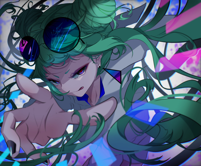 1girl blue_eyes close-up commentary_request double_bun duplicate eyewear_on_head floating_hair goma_irasuto green_hair hair_bun highres licking_lips long_hair looking_up open_hand original short_eyebrows solo sunglasses tongue tongue_out tsurime v-shaped_eyebrows