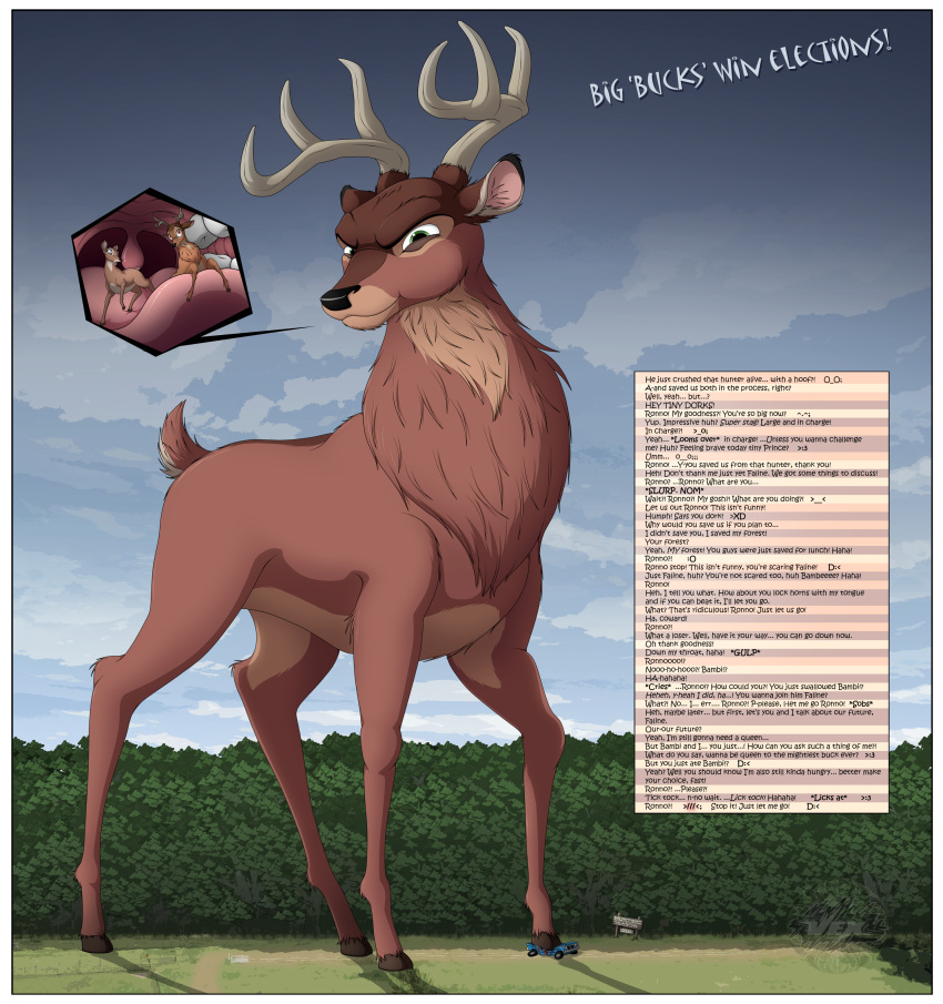 absurd_res bambi bambi_(film) crushed_car deer disney faline female feral forest group hi_res imminent_vore inside_mouth macro male mammal oral_vore plant ronno tree trio uvula vertical-misfit vore