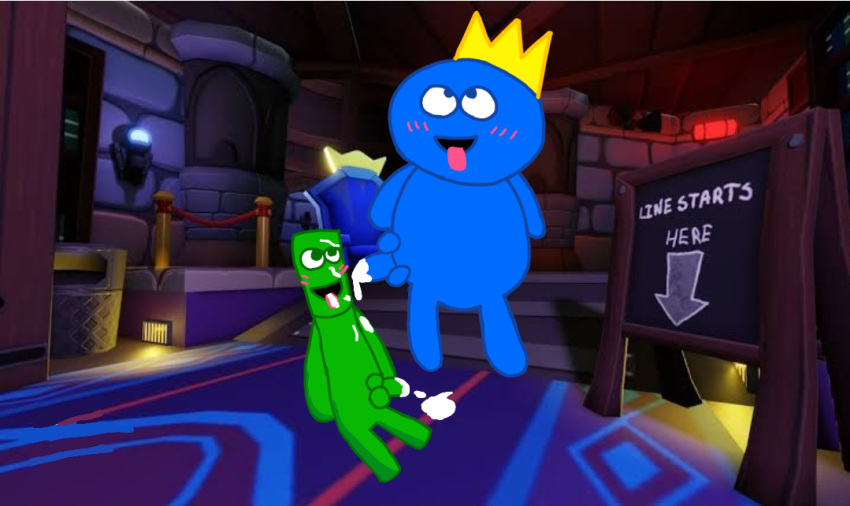 anthro blue_(rainbow_friends) bodily_fluids cum cum_in_mouth cum_inside cum_on_face cum_on_ground duo genital_fluids green_(rainbow_friends) male male/male rainbow_friends roblox samuel010 why