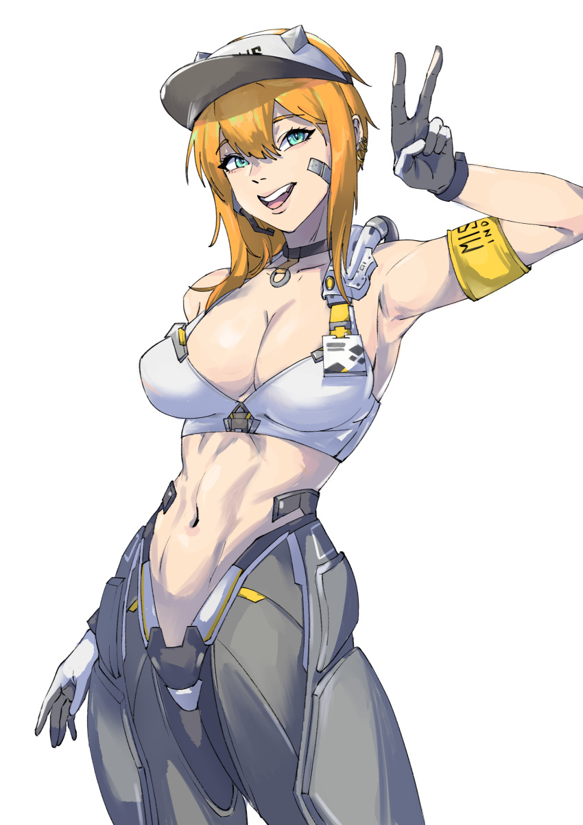 1girl :d absurdres arm_up armband armored_legwear armpits bandaid bandaid_on_cheek bandaid_on_face bare_shoulders black_choker black_gloves black_pants blonde_hair blue_eyes breasts choker cleavage collarbone cowboy_shot ear_piercing earpiece fang gloves goddess_of_victory:_nikke hair_between_eyes highres large_breasts looking_at_viewer maxwell_(nikke) multiple_piercings navel open_mouth pants piercing short_hair short_hair_with_long_locks sidelocks simple_background smile solo sports_bra standing stomach taiyang_yu teeth toned two-tone_gloves upper_teeth_only v visor_cap white_background white_gloves white_hat white_sports_bra yellow_armband