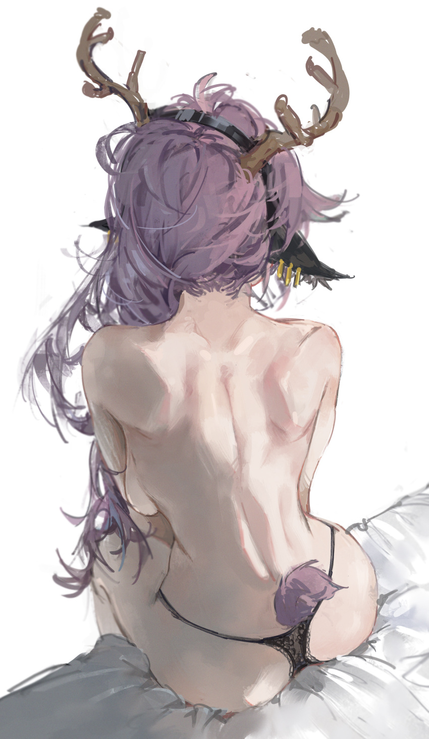 1girl absurdres animal_ears antlers arknights ass bare_back bare_shoulders black_hairband black_panties coldshot_(arknights) facing_away feet_out_of_frame from_behind hairband highres horns long_hair median_furrow monmon_(sleepymonmon) no_pants panties purple_hair purple_tail shoulder_blades simple_background sitting solo tail topless underwear white_background