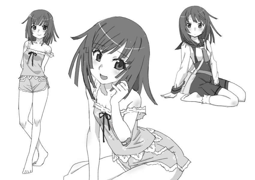 1girl bandaid bandaid_on_arm barefoot blush breasts camisole dress full_body greyscale highres itoma_mahimahi looking_at_viewer medium_hair monochrome monogatari_(series) multiple_views open_mouth sailor_collar sengoku_nadeko short_shorts shorts sitting small_breasts smile socks strap_slip