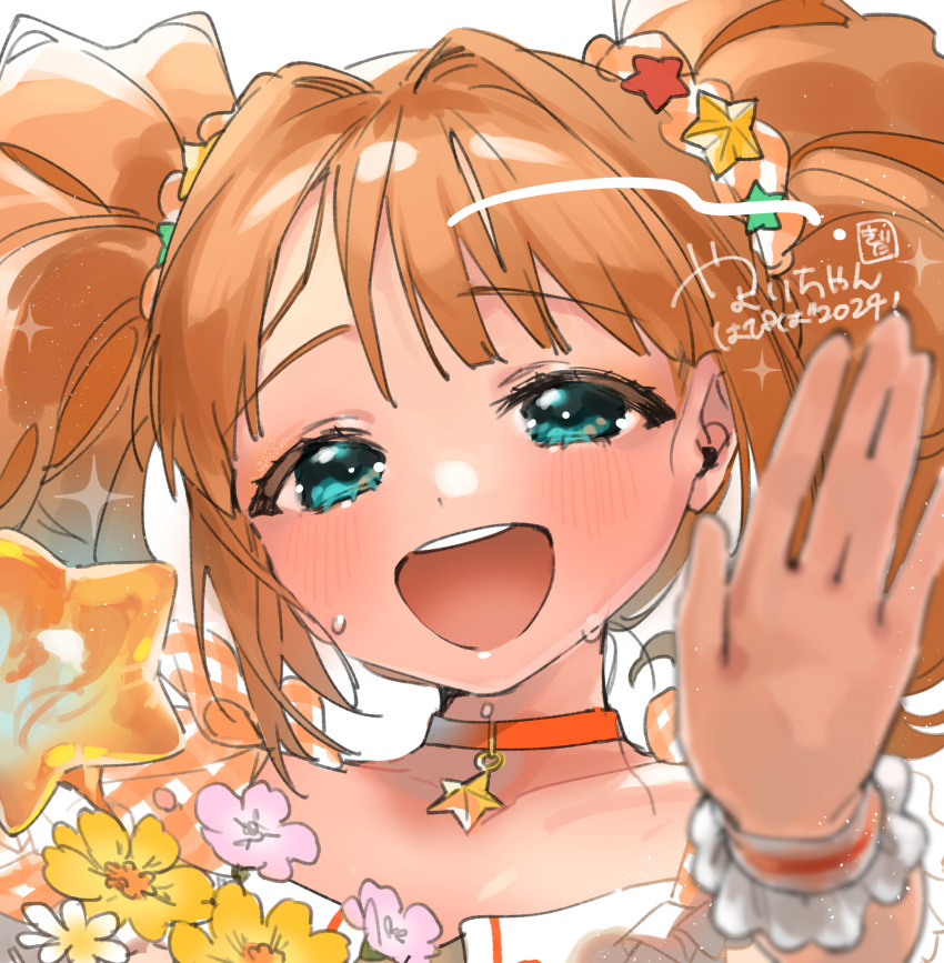 1girl blue_eyes blush bouquet choker close-up dress highres holding holding_bouquet idolmaster idolmaster_(classic) kirita_producer looking_at_viewer open_mouth orange_hair smile solo star_(symbol) star_choker sweat takatsuki_yayoi twintails