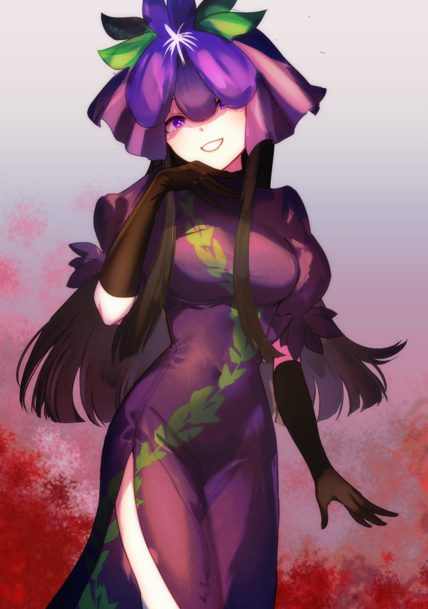 1girl black_gloves black_hair breasts china_dress chinese_clothes covered_eyes covered_navel dress elbow_gloves flower flower_on_head gloves grin highres leaf_print long_hair mandarin_collar medium_breasts pelvic_curtain purple_dress purple_eyes purple_flower side_slit sidelocks smile solo tang_ben_huan_dou touhou unfinished_dream_of_all_living_ghost very_long_hair vine_print yomotsu_hisami