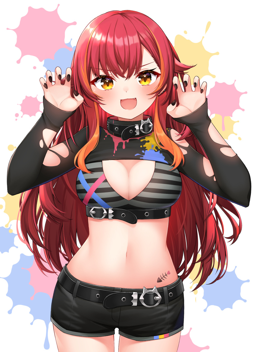 1girl absurdres animal_collar belt black_belt black_collar black_nails black_shorts bra breasts cat_o-ring claw_pose cleavage collar crossed_bangs dot_nose fang grey_bra hands_up highres hoshino_reiji large_breasts light_blush looking_at_viewer midriff multicolored_hair navel nekota_tsuna nekota_tsuna_(1st_costume) open_mouth paint_splatter paint_stains red_hair short_shorts shorts shrug_(clothing) sidelocks simple_background stomach stomach_tattoo streaked_hair striped_bra striped_clothes tattoo torn_clothes underbust underwear v-shaped_eyebrows virtual_youtuber vspo! yellow_eyes