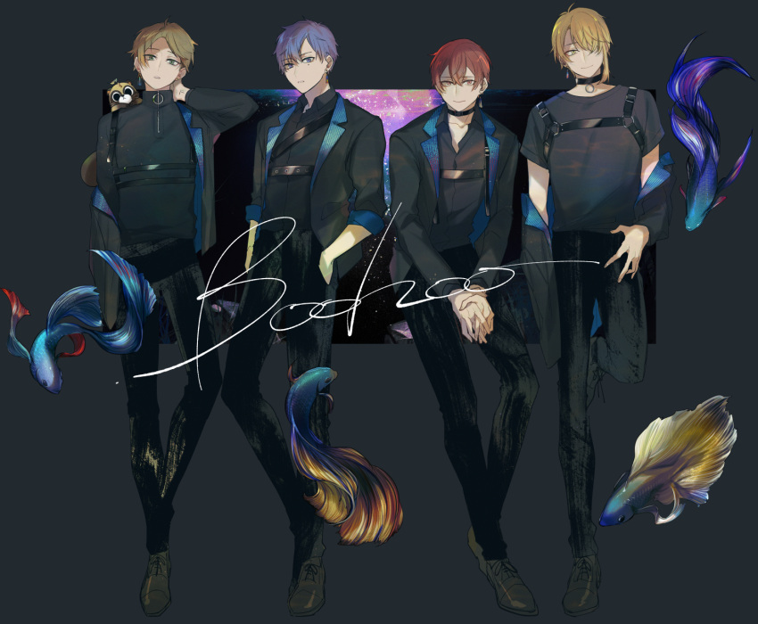 4boys aho_no_sakata animal_on_shoulder arm_at_side black_background black_choker black_footwear black_jacket black_pants black_shirt blonde_hair brown_hair chest_harness choker closed_mouth collared_shirt cross-laced_footwear earrings fish green_eyes hair_between_eyes hair_over_one_eye hand_in_pocket hand_on_own_hip hand_on_own_neck hand_up harness hassan_(sink916) highres invisible_chair jacket jewelry lapels leaning_on_object long_sleeves looking_at_viewer male_focus mole mole_under_eye multiple_boys notched_lapels o-ring o-ring_choker off_shoulder official_art open_clothes open_collar open_jacket own_hands_together pants parted_bangs parted_lips purple_eyes purple_hair raccoon red_eyes red_hair senra_(utaite) shima_(utaite) shirt shoes short_hair short_sleeves siamese_fighting_fish single_earring single_sidelock sitting sky sleeves_rolled_up smile song_name standing star_(sky) starry_sky swept_bangs t-shirt tassel tassel_earrings turtleneck urashimasakatasen uratanuki utaite v_arms yamadanuki yellow_eyes zipper_pull_tab