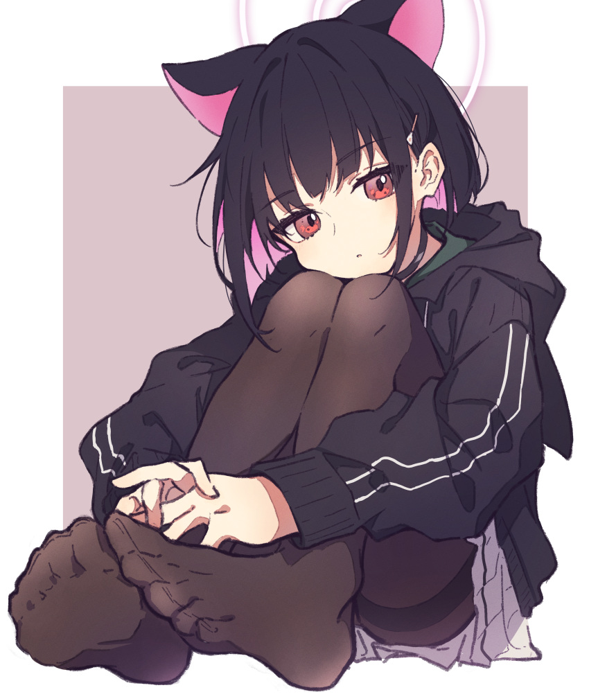 1girl absurdres aitekku animal_ears black_choker black_hair black_hoodie black_pantyhose blue_archive cat_ears choker colored_inner_hair expressionless extra_ears feet full_body hair_ornament hairclip halo highres hood hoodie kazusa_(blue_archive) knees_to_chest knees_up looking_at_viewer multicolored_hair no_shoes own_hands_together pantyhose pink_hair pink_halo red_eyes short_hair skirt soles solo toes two-tone_hair