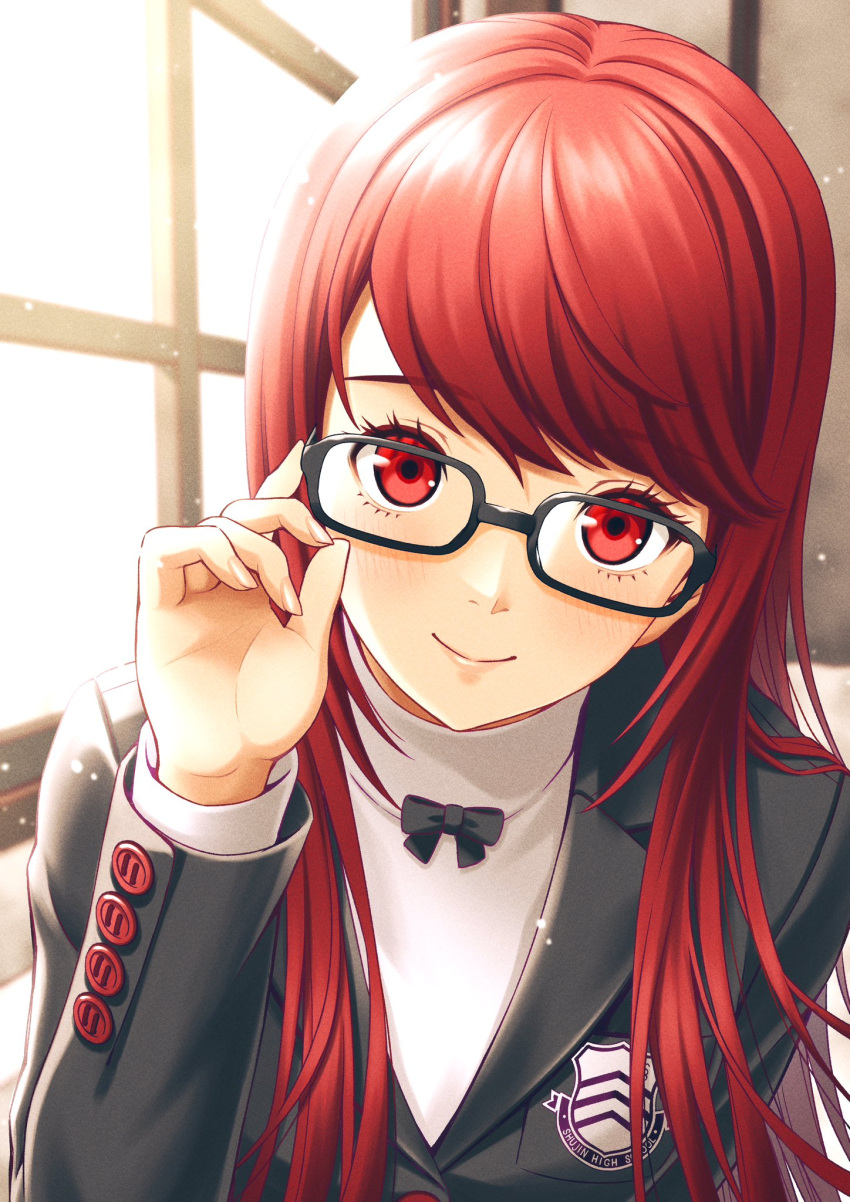 1girl adjusting_eyewear black-framed_eyewear black_jacket blush close-up glasses hair_down hand_on_eyewear highres jacket long_hair long_sleeves looking_at_viewer masatoshi_1219 official_alternate_hairstyle persona persona_5 persona_5_the_royal red_eyes red_hair smile solo sweater turtleneck turtleneck_sweater upper_body yoshizawa_sumire