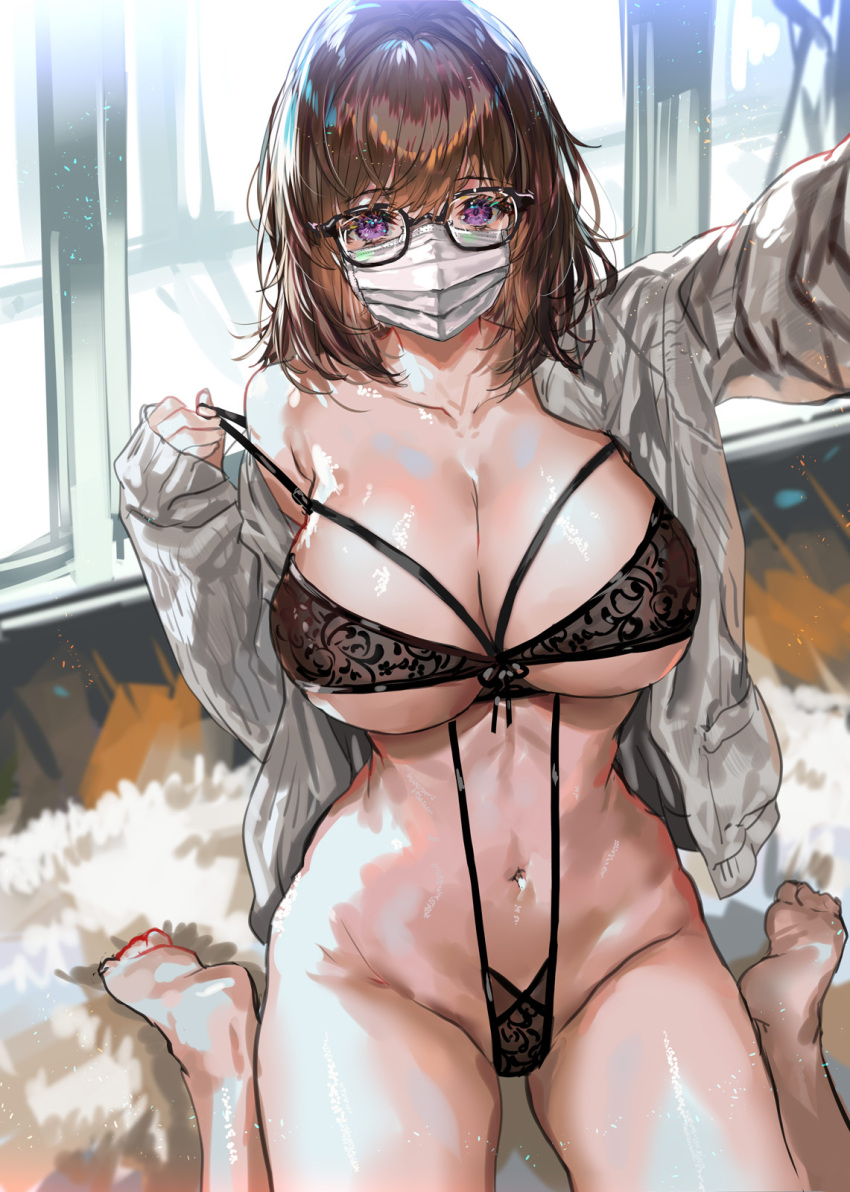1girl breasts brown_hair cleavage collarbone covered_mouth glasses highres indoors large_breasts lingerie long_sleeves looking_at_viewer mask medium_hair mouth_mask navel off_shoulder open_clothes original purple_eyes ran'ou_(tamago_no_kimi) selfie single_bare_shoulder sitting soles solo thighs underwear wariza