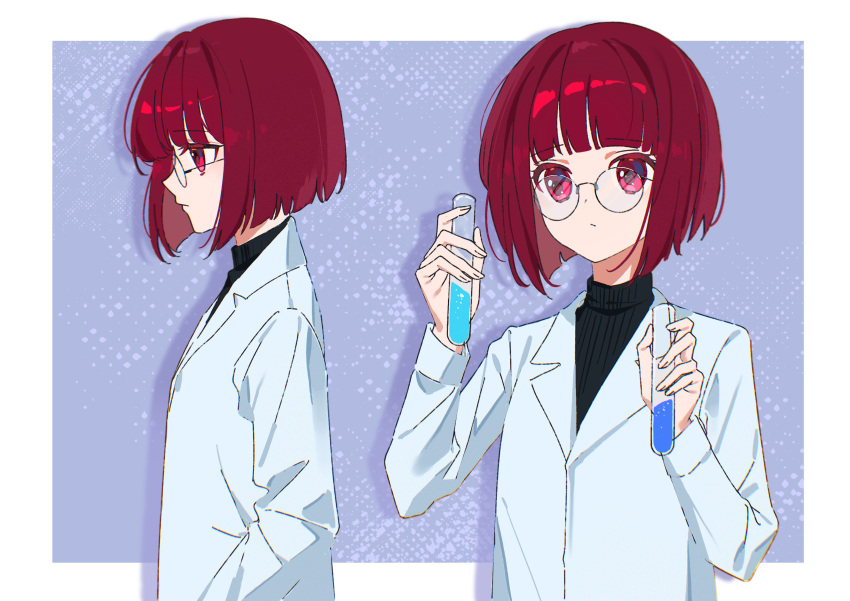 1girl absurdres alternate_costume arima_kana black_sweater blunt_bangs bob_cut border breasts chinese_commentary closed_mouth commentary dot_mouth from_side glasses hands_in_pockets highres holding holding_test_tube inverted_bob lab_coat looking_ahead looking_at_object loose_hair_strand multiple_views oshi_no_ko outside_border profile purple_background red_eyes red_hair ribbed_sweater round_eyewear short_hair small_breasts solo_focus sweater test_tube turtleneck turtleneck_sweater upper_body white_border xiang_yu_pai