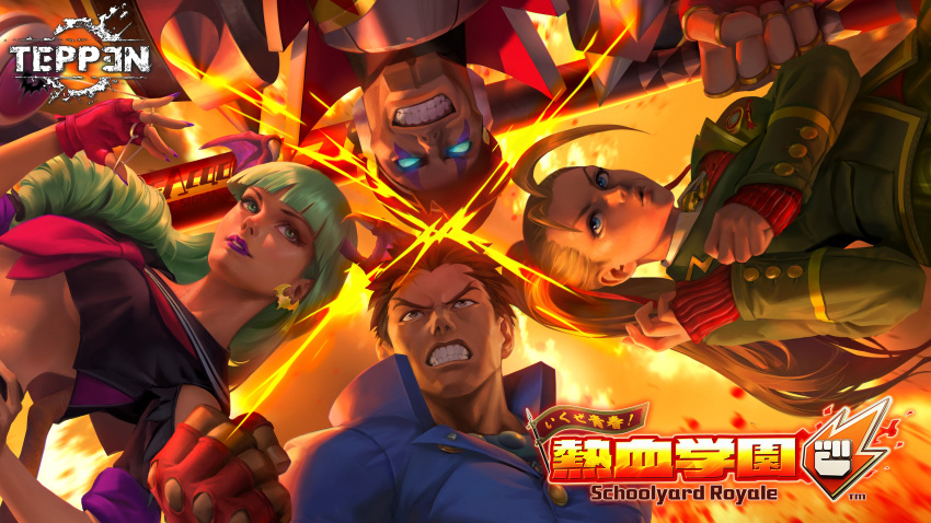 2boys 2girls absurdres antenna_hair aqua_hair baseball_bat blonde_hair blue_eyes breasts brown_hair cammy_white capcom clenched_hand clenched_teeth commentary company_connection crop_top english_commentary fingerless_gloves gloves glowing glowing_eyes head_wings highres ichimonji_batsu justice_gakuen mega_man_(series) mega_man_x_(series) morrigan_aensland multiple_boys multiple_girls official_alternate_costume official_alternate_hairstyle official_art over_shoulder ponytail promotional_art purple_lips sailor_collar school_uniform sigma_(mega_man) street_fighter teeth teppen underboob vampire_(game) weapon weapon_over_shoulder wings