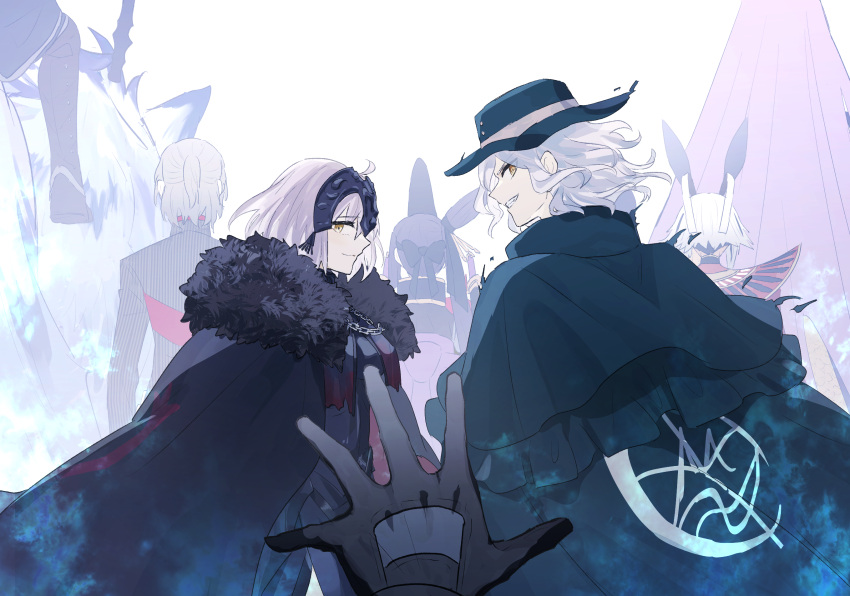 3boys 4girls ahoge animal_ears antonio_salieri_(fate) antonio_salieri_(second_ascension)_(fate) black_cloak black_gloves black_hair cloak edmond_dantes_(fate) fate/grand_order fate_(series) fedora fur-trimmed_cloak fur_trim gloves gorgon_(fate) grey_hair hat hessian_(fate) highres jeanne_d'arc_alter_(avenger)_(fate) jeanne_d'arc_alter_(fate) lobo_(fate) long_hair medusa_(fate) multiple_boys multiple_girls ninjin_(ne_f_g_o) nitocris_(fate) nitocris_alter_(fate) nitocris_alter_(second_ascension)_(fate) pov pov_hands purple_hair reaching riding riding_animal smile striped_suit suit taira_no_kagekiyo_(fate) ushiwakamaru_(fate) very_long_hair walking_away white_background wolf