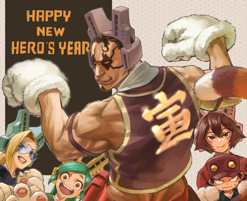 2boys 3girls animal_hands bare_shoulders baseball_cap boku_no_hero_academia cat_paws cat_tail character_request cheekbones child cropped_shirt eye_mask facial_hair flexing goatee goggles green_hair grin happy_new_year hat highres long_hair loose_hair_strand multiple_boys multiple_girls muscular muscular_male new_year paw_pose sleeveless smile tail triceps yomoyama_yotabanashi