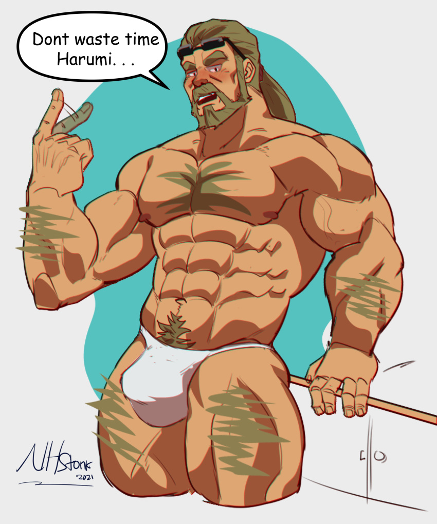 1boy abs absurdres afterimage bara beard beckoning bikini_briefs blush body_fur bulge cropped_legs facial_hair full_beard grandpa_(shiromanta) green_hair hairy highres index_finger_raised large_pectorals looking_at_viewer low_ponytail male_focus male_underwear mature_male muscular muscular_male navel navel_hair nhstonk nipples pectorals seductive_smile senpai_ga_uzai_kouhai_no_hanashi smile solo standing stomach sunglasses thick_eyebrows thick_navel_hair thick_thighs thighs topless_male two-tone_background underwear white_male_underwear wrinkled_skin