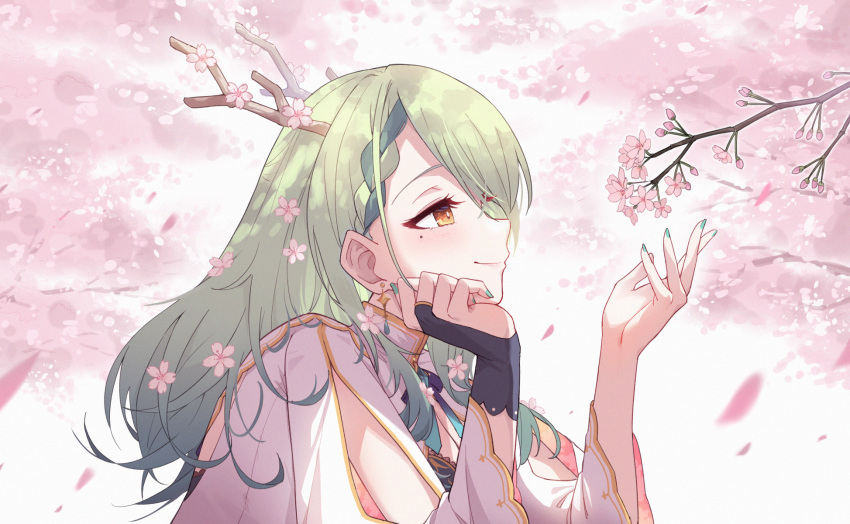 1girl antlers braid branch ceres_fauna ceres_fauna_(1st_costume) cherry_blossoms french_braid green_hair green_nails highres hololive horns long_hair mole mole_under_eye profile profnote smile solo tree upper_body virtual_youtuber yellow_eyes