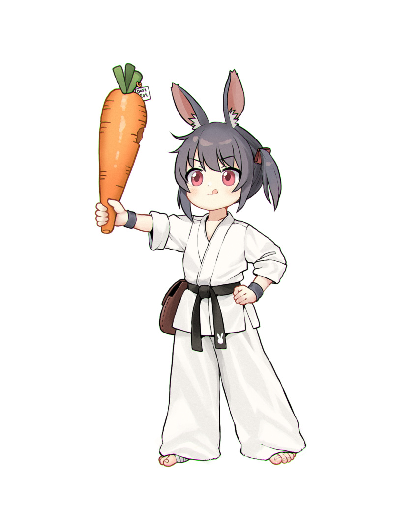 1girl :q animal_ears barefoot belt black_belt black_hair carrot chinese_commentary commentary_request dougi english_text full_body hand_on_own_hip highres holding holding_carrot kuma-bound martial_arts_belt medium_hair original pants rabbit_ears rabbit_girl red_eyes simple_background solo standing toes tongue tongue_out white_background white_pants