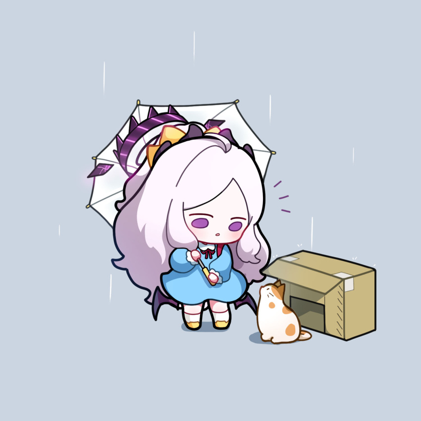1girl ahoge black_wings blue_archive blue_dress box cardboard_box chibi dress grey_background grey_hair halo highres hina_(blue_archive) holding holding_umbrella long_hair long_sleeves looking_at_animal looking_down low_wings neck_ribbon no_nose parted_lips puffy_long_sleeves puffy_sleeves purple_eyes purple_halo rain red_ribbon ribbon simple_background socks standing umbrella uz_(uzru0428) very_long_hair white_socks wings yellow_footwear
