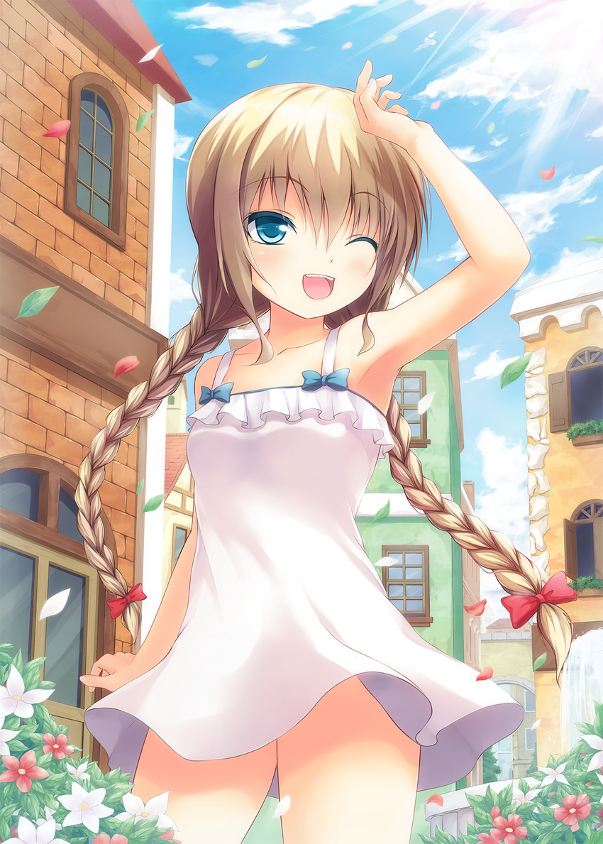 ;d arm_at_side arm_up armpits bad_id bad_pixiv_id bangs bare_shoulders blue_eyes blue_sky bow braid brick_wall building cloud collarbone cowboy_shot day dress eyebrows_visible_through_hair flower fountain hair_bow highres light_brown_hair light_rays looking_at_viewer mutsuba_fumi one_eye_closed open_mouth original outdoors petals plant red_bow shading_eyes sky sleeveless sleeveless_dress smile solo standing sunbeam sundress sunlight town twin_braids twintails white_dress wind window