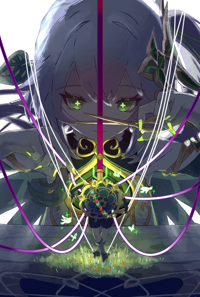 1boy 1girl absurdres bowing cable closed_mouth crossed_ankles double-parted_bangs flower genshin_impact green_eyes green_nails hair_intakes hands_up highres holding holding_scissors looking_at_viewer marionette nahida_(genshin_impact) nokocchin pointy_ears puppet scaramouche_(genshin_impact) scissors smile symbol-shaped_pupils very_long_fingernails wanderer_(genshin_impact) white_hair