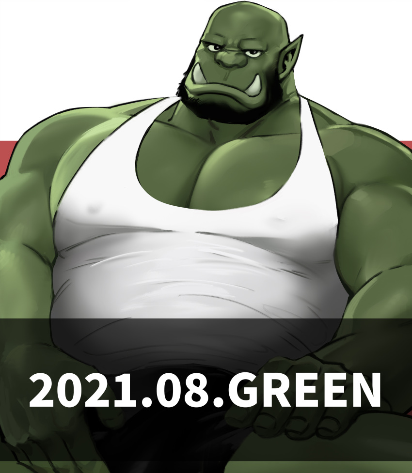 1boy absurdres bald bara beard bored boxer_briefs bulge colored_skin covered_nipples crotch_grab dated dopey_(dopq) facial_hair full_beard green_skin highres large_pectorals looking_at_viewer male_focus male_underwear mature_male monster_boy muscular muscular_male orc original paid_reward_available pectorals pointy_ears short_hair solo spread_legs tank_top thick_beard thick_eyebrows tusks two-tone_background underwear white_tank_top