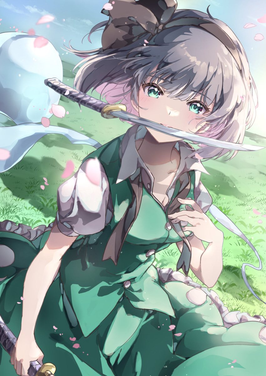 1girl black_hairband black_ribbon breasts buttons cloud collarbone collared_shirt commentary floating_hair frilled_skirt frills grass green_eyes green_skirt green_vest hair_ribbon hairband highres holding holding_sword holding_weapon konpaku_youmu konpaku_youmu_(ghost) looking_at_viewer medium_breasts medium_hair nanop38 neck_ribbon outdoors petals puffy_short_sleeves puffy_sleeves ribbon shirt short_sleeves skirt skirt_set sky solo sword touhou undone_neck_ribbon upper_body vest weapon white_hair white_shirt