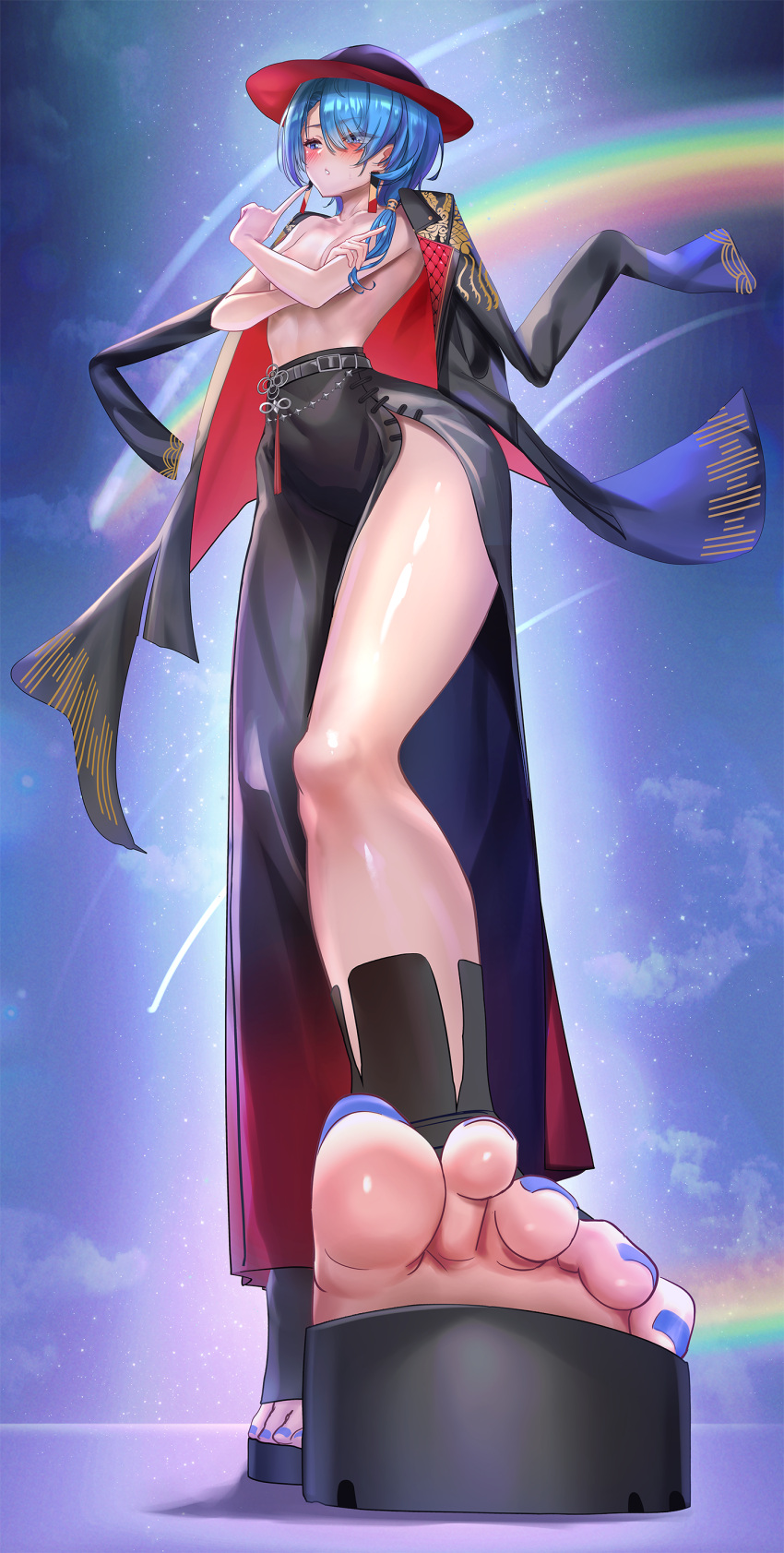 1girl absurdres belt black_belt black_jacket black_skirt blue_hair blue_nails blurry blurry_background breasts dorsiflexion feet foot_focus foreshortening hair_over_shoulder highres hololive hoshimachi_suisei hoshimachi_suisei_(8th_costume) jacket jacket_on_shoulders jagoo legs long_hair looking_at_viewer nail_polish no_shirt official_alternate_costume outdoors parted_bangs parted_lips platform_footwear rainbow sandals shiny_skin side_slit skirt small_breasts solo thighs toenail_polish toenails toes virtual_youtuber