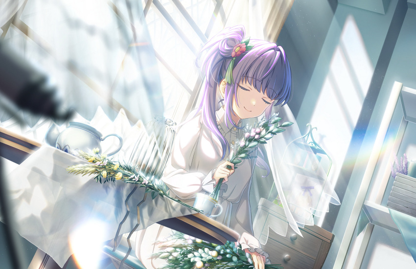 blurry blurry_foreground closed_eyes closed_mouth collared_dress cup drawer dress flower flower_request game_cg hair_bun hair_flower hair_ornament highres holding holding_flower indoors lavender_(flower) link!_like!_love_live! long_hair long_sleeves love_live! official_art otomune_kozue purple_hair red_flower side_ponytail sidelocks single_side_bun sitting smile sunlight tablecloth teacup teapot telescope third-party_source upper_body vase white_dress window