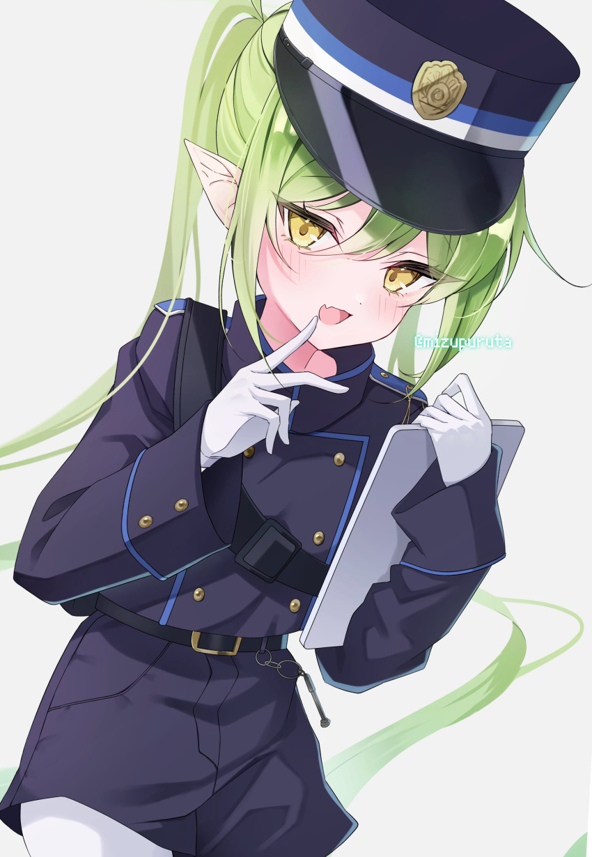 1girl absurdres black_hat black_shirt black_shorts blue_archive blush cowboy_shot fang gloves green_hair hat highlander_twintails_conductor_(blue_archive) highres long_hair long_sleeves looking_at_viewer mizupuruta open_mouth pantyhose peaked_cap pointy_ears shirt shorts simple_background skin_fang smile solo twintails twitter_username white_background white_gloves white_pantyhose yellow_eyes