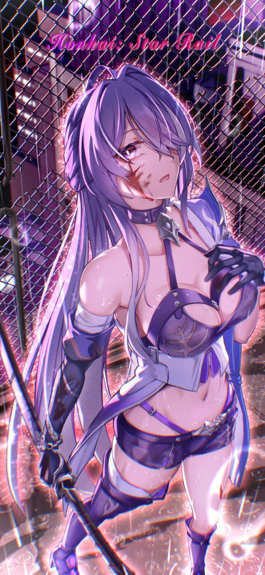 1girl absurdres acheron_(honkai:_star_rail) asymmetrical_footwear asymmetrical_gloves bandaged_leg bandages black_gloves boots breasts chain chain-link_fence choker cleavage commentary_request copyright_name elbow_gloves fall4592 fence gloves hand_on_own_chest high_heel_boots high_heels highres holding holding_sword holding_weapon honkai:_star_rail honkai_(series) katana large_breasts long_hair looking_at_viewer midriff navel open_mouth purple_choker purple_eyes purple_footwear purple_hair purple_shorts rain scabbard sheath sheathed short_shorts shorts solo standing stomach sword thigh_boots thighs very_long_hair weapon