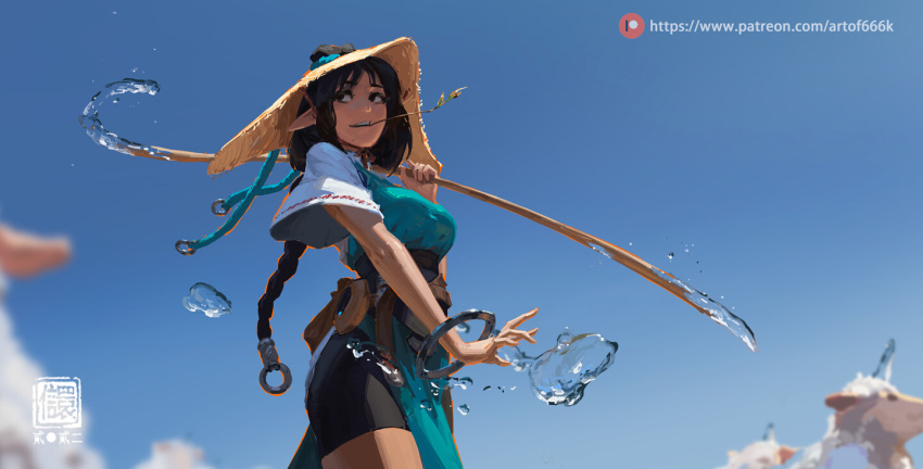 1girl aqua_dress black_hair black_shorts braid braided_ponytail breasts cowboy_shot day dress hat hydrokinesis kan_liu_(666k) long_hair medium_breasts mouth_hold original outdoors parted_lips patreon_username pointy_ears seal_impression sheep shepherd shepherd's_crook shirt short_sleeves shorts signature sky solo stalk_in_mouth standing straw_hat teeth water white_shirt wide_sleeves