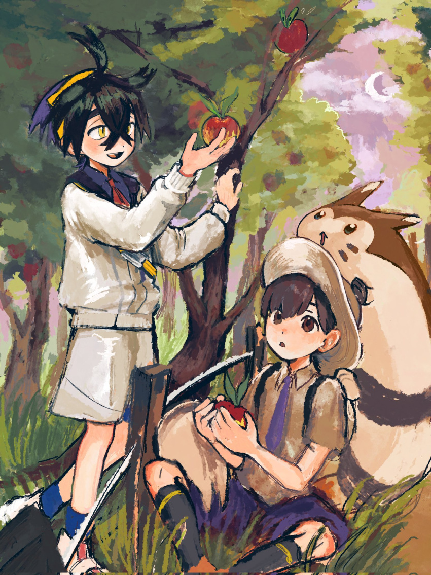 2boys applin berry_(pokemon) black_socks blue_socks brown_eyes brown_hair crescent_moon florian_(pokemon) food forest furret grass highres holding jacket kieran_(pokemon) long_sleeves male_focus moon multicolored_hair multiple_boys nature open_mouth outdoors parted_lips pokemon pokemon_(creature) pokemon_sv purple_hair school_uniform shirt shorts sitting socks standing tree uva_academy_school_uniform white_jacket wrozzii