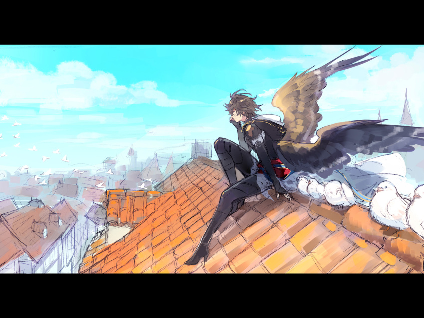 1boy ahoge bird bishounen blue_sky boots brown_hair brown_wings cloud cloudy_sky commentary commentary_request feathered_wings fingerless_gloves full_body gloves granblue_fantasy hair_between_eyes hand_on_own_chin high_heel_boots high_heels highres hood hood_down house male_focus messy_hair on_roof osamu_(jagabata) pigeon red_eyes sandalphon_(granblue_fantasy) scenery short_hair sketch sky solo_focus tile_roof too_many too_many_birds wings