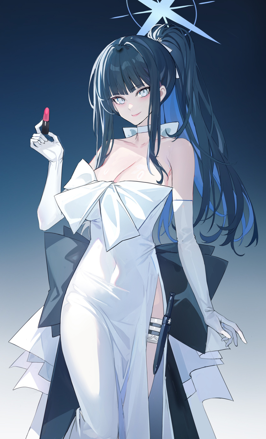 1girl bare_shoulders blue_archive blue_hair bow bowtie breasts cleavage closed_mouth collarbone colored_inner_hair cosmetics covered_navel dress echj elbow_gloves feet_out_of_frame gloves gradient_background grey_eyes halo hand_up highres holding holding_lipstick_tube holster knife knife_sheath lipstick lipstick_tube long_hair looking_at_viewer makeup multicolored_hair pink_lips ponytail saori_(blue_archive) saori_(dress)_(blue_archive) sheath sheathed side_slit sidelocks smile solo strapless strapless_dress thigh_holster white_bow white_bowtie white_dress white_gloves