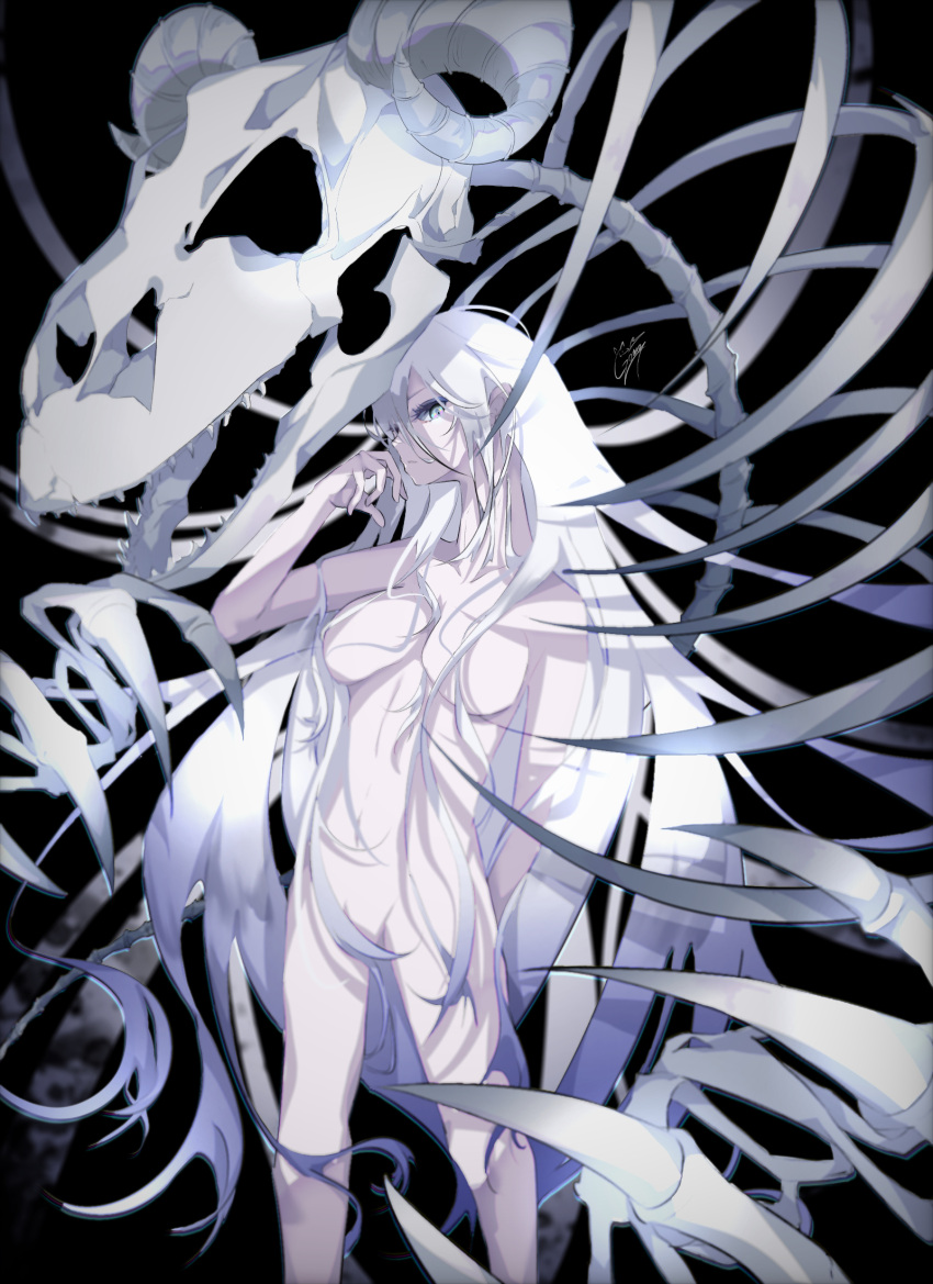 1girl bone completely_nude dinosaur_skeleton expressionless fossil goma_irasuto grey_hair highres horns long_hair multicolored_hair nude original purple_hair straight_hair two-tone_hair very_long_hair white_eyes white_hair