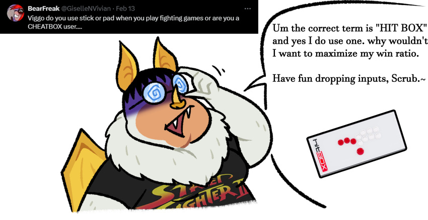 2024 absurd_res anthro bat blarf022 controller eyewear fans fur glasses hi_res hitbox_controller honduran_white_bat leaf-nosed_bat male mammal microbat overweight overweight_anthro overweight_male smug solo spiral_glasses viggo_von_bat_(blarf022) white_body white_fur wings yangochiropteran yellow_wings