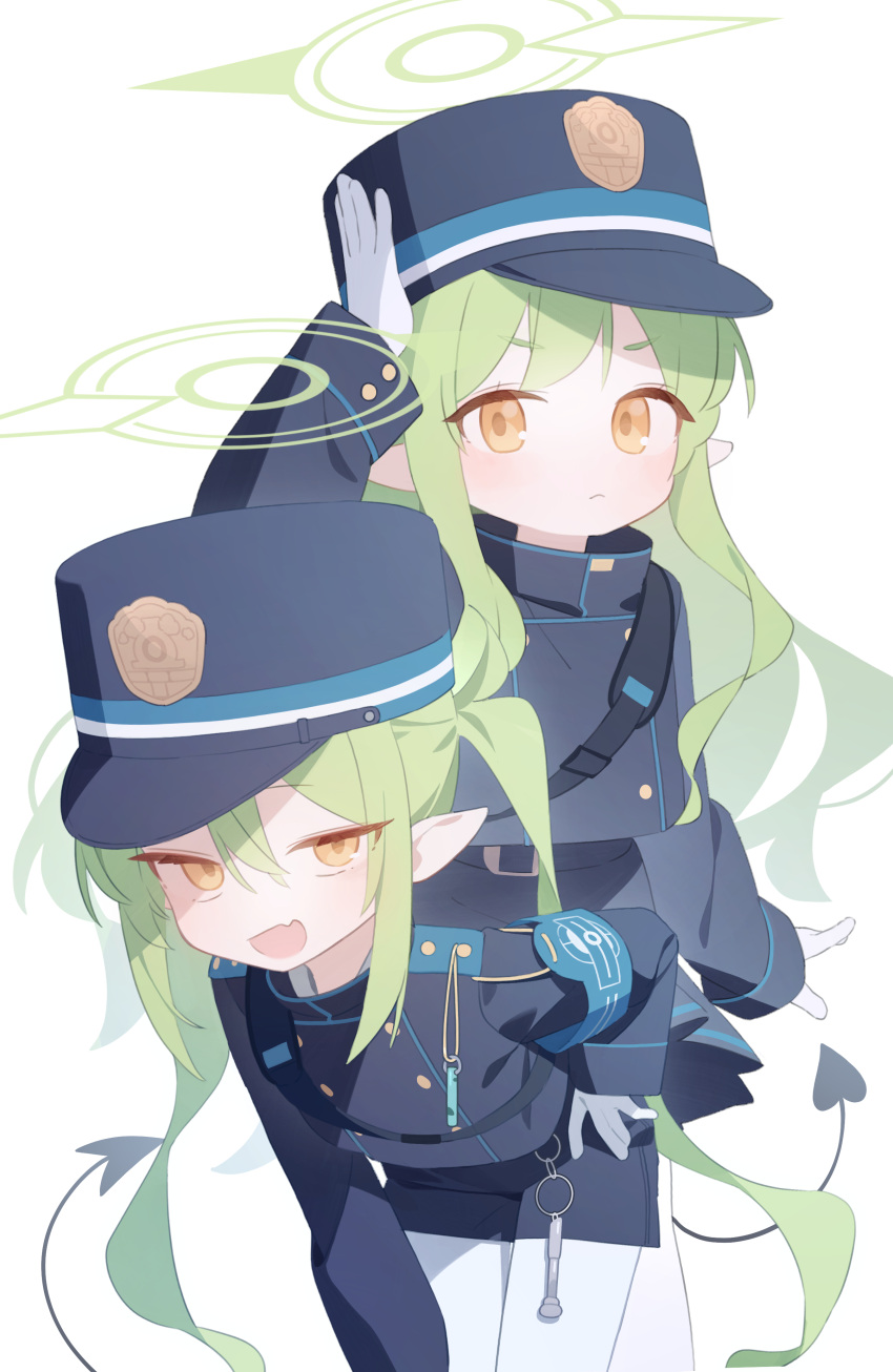 2girls absurdres armband black_hat black_tail blue_archive blue_armband blush buttons closed_mouth commentary demon_tail doribae double-breasted fang gloves green_hair green_halo halo hat highlander_sidelocks_conductor_(blue_archive) highlander_twintails_conductor_(blue_archive) highres long_hair long_sleeves multiple_girls open_mouth pantyhose peaked_cap pointy_ears revision skin_fang smile symbol-only_commentary tail twintails white_gloves white_pantyhose yellow_eyes