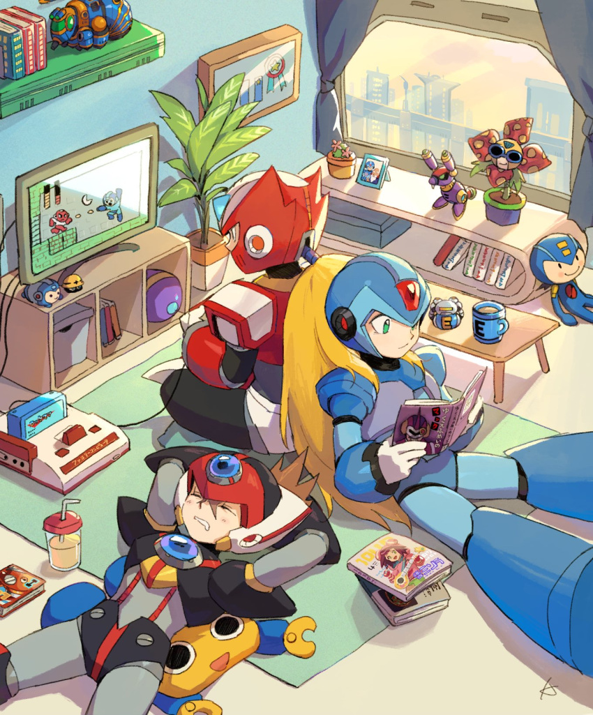 3boys armor axl_(mega_man) black_armor black_helmet blonde_hair blue_armor blue_helmet brown_hair cross_scar cut_man dr._cain_(mega_man) famicom forehead_jewel game_console green_eyes highres indoors long_hair mega_man_(character) mega_man_(classic) mega_man_(series) mega_man_x_(series) megaman.exe met_(mega_man) multiple_boys plant ponytail potted_plant reading red_armor red_helmet scar shoulder_armor sleeping spiked_hair stuffed_toy touhou3939 video_game x_(mega_man) zero_(mega_man)