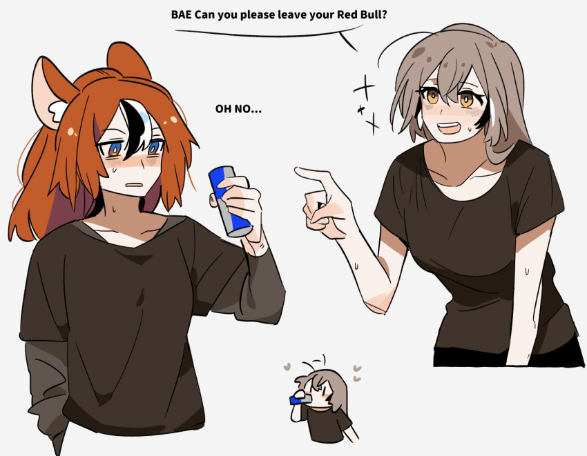 2girls ahoge animal_ears black_hair black_shirt blue_eyes blush brown_hair can casual chibi collarbone crossed_bangs drink drinking energy_drink english_commentary fongban_illust hair_between_eyes hakos_baelz heart holding holding_can hololive layered_sleeves long_hair long_sleeves mouse_ears mouse_girl multicolored_hair multiple_girls nanashi_mumei pointing red_bull red_hair shirt short_over_long_sleeves short_sleeves simple_background smile streaked_hair sweatdrop virtual_youtuber white_background white_hair